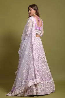 Light Purple Fancy Sequins Embroidered With Viscous Kantha Thread Work Bridal Net Party Wear Lehenga Choli