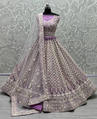 Light Purple Fancy Sequins Embroidered With Viscous Kantha Thread Work Bridal Net Party Wear Lehenga Choli 5