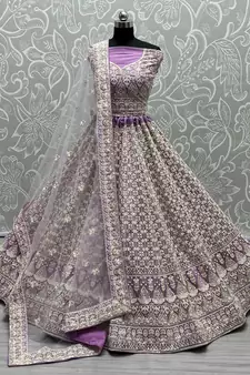 Light Purple Fancy Sequins Embroidered With Viscous Kantha Thread Work Bridal Net Party Wear Lehenga Choli