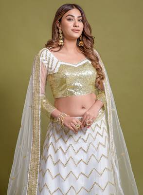  White Multi Zari And Sequins Embroidered Net Semi Stitched Lehenga 2