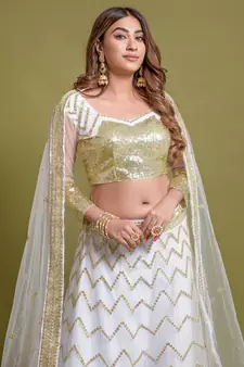 White Multi Zari And Sequins Embroidered Net Semi Stitched Lehenga