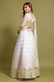  White Multi Zari And Sequins Embroidered Net Semi Stitched Lehenga