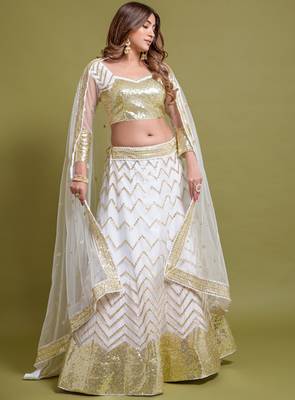  White Multi Zari And Sequins Embroidered Net Semi Stitched Lehenga 4