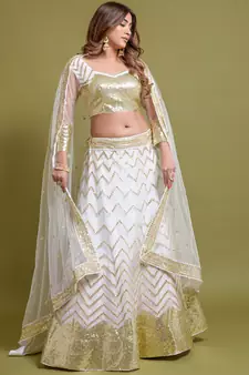  White Multi Zari And Sequins Embroidered Net Semi Stitched Lehenga