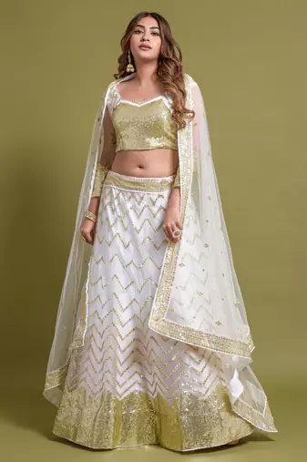  White Multi Zari And Sequins Embroidered Net Semi Stitched Lehenga