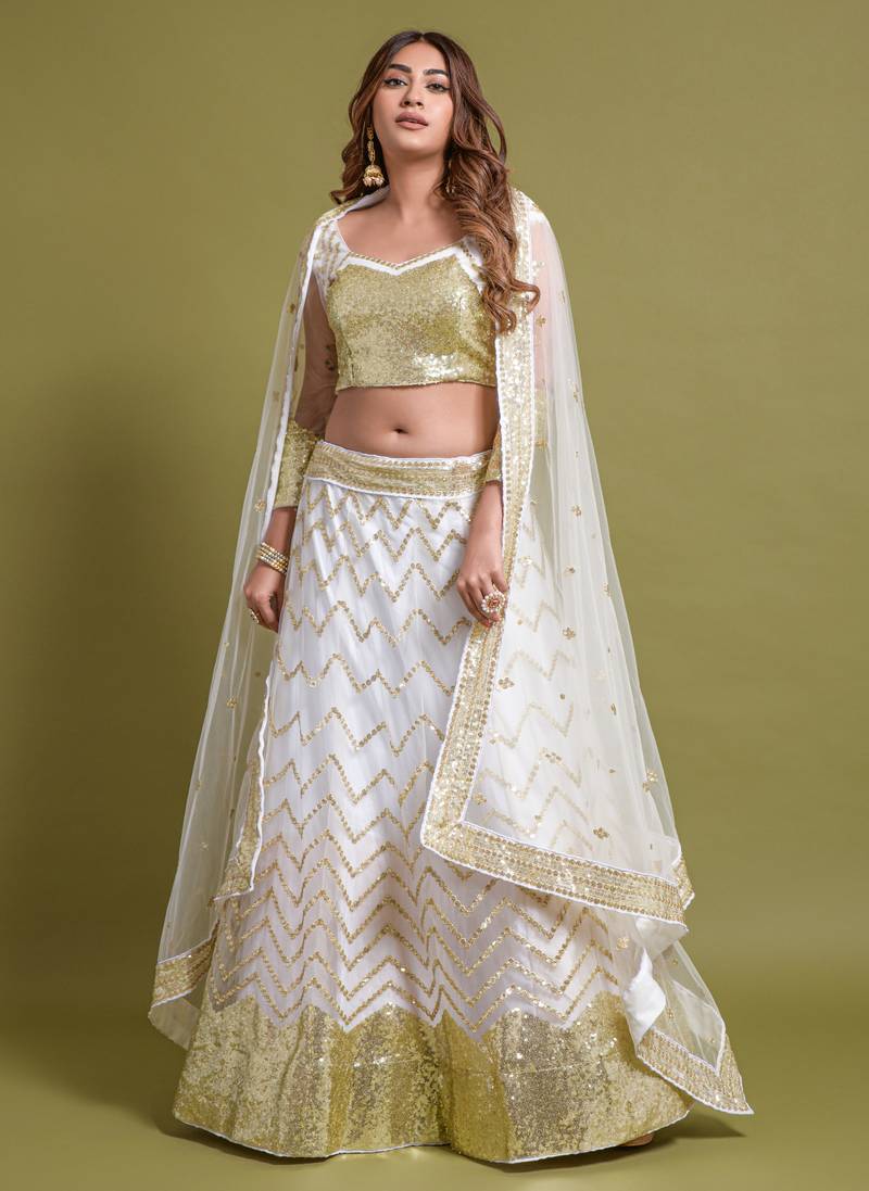  White Multi Zari And Sequins Embroidered Net Semi Stitched Lehenga