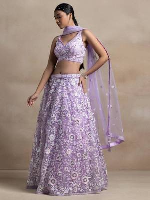 Astonishing Lavender Sequins Embroidered Soft Net Bridal Lehenga 1