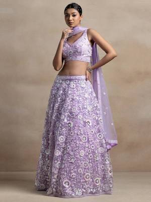 Astonishing Lavender Sequins Embroidered Soft Net Bridal Lehenga 3