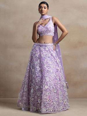 Astonishing Lavender Sequins Embroidered Soft Net Bridal Lehenga 5