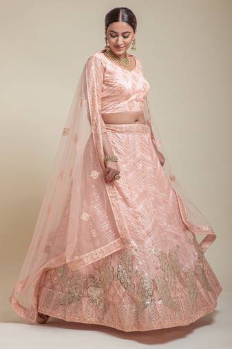 Delightful Peach Sequins Zari And Thread Embroidered Net Wedding & Party Lehenga