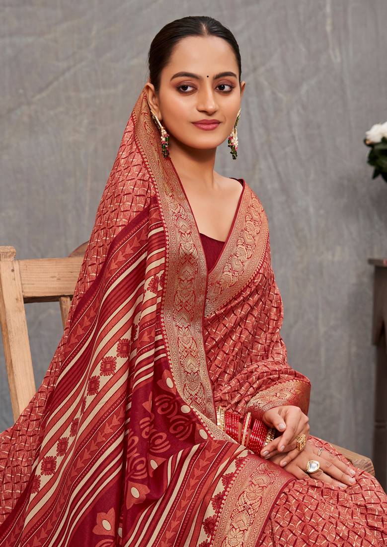 SUBHASH SAREE Printed Saree with beautiful lace Tusser Silk Maroon Saree and Maroon Unstitched Blouse (26233)