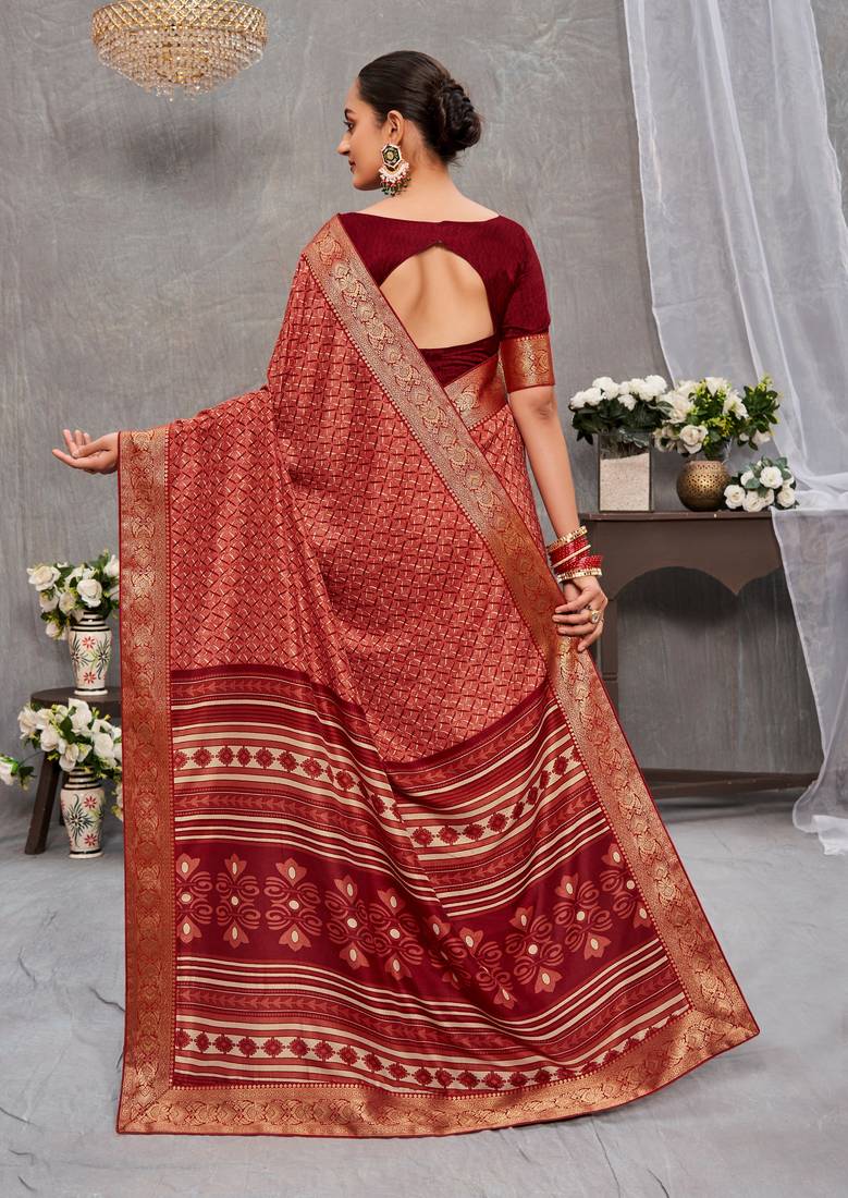 SUBHASH SAREE Printed Saree with beautiful lace Tusser Silk Maroon Saree and Maroon Unstitched Blouse (26233)