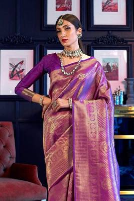 Violet & Golden Zari Woven Kanjivaram Saree With Blouse 2