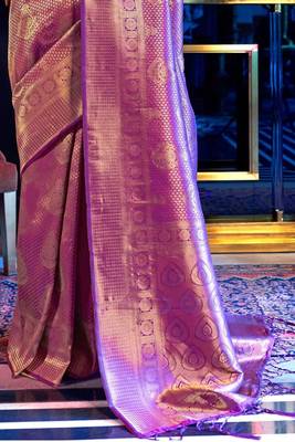 Violet & Golden Zari Woven Kanjivaram Saree With Blouse 3