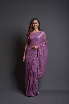 Purpledesigner Sequance Embroidery Workgeorgettetraditional-Sareeswithbenglori Silkblouse
