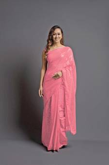 Pinkdesigner Sequance Embroidery Workgeorgettetraditional-Sareeswithbenglori Silkblouse