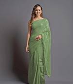 Pistadesigner Sequance Embroidery Workgeorgettetraditional-Sareeswithbenglori Silkblouse