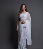 Whitedesigner Sequance Embroidery Workgeorgettetraditional-Sareeswithbenglori Silkblouse