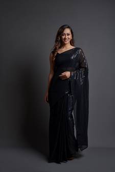Blackdesigner Sequance Embroidery Workgeorgettetraditional-Sareeswithbanglori Silkblouse