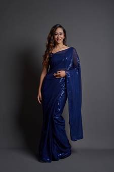Bluedesigner Sequance Embroidery Workgeorgettetraditional-Sareeswithbanglori Silkblouse