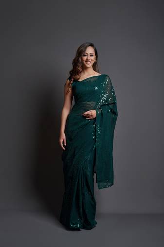 Greendesigner Sequance Embroidery Workgeorgettetraditional-Sareeswithbanglori Silkblouse
