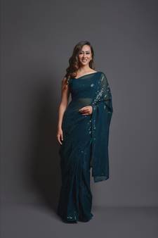 Teal Bluedesigner Sequance Embroidery Workgeorgettetraditional-Sareeswithbanglori Silkblouse