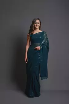 Teal Bluedesigner Sequance Embroidery Workgeorgettetraditional-Sareeswithbanglori Silkblouse
