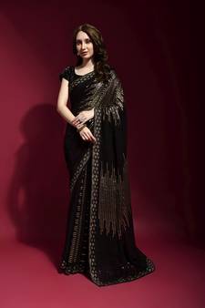 Golddesigner Sequance Embroidery Workgeorgettetraditional-Sareeswithsatin Banglori Silkblouse