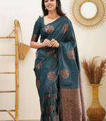 Teal Colour Beautiful Banarasi Silk with Copper Woven Design Saree with Blouse Piece for Women