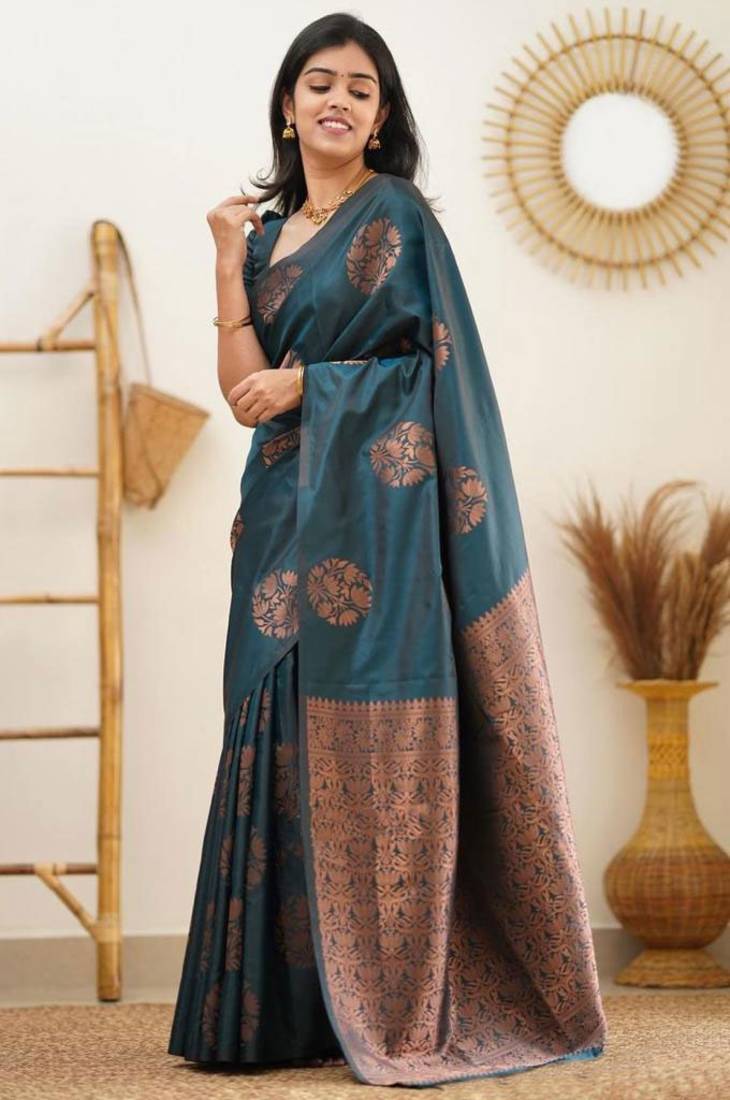 Teal Colour Beautiful Banarasi Silk with Copper Woven Design Saree with Blouse Piece for Women