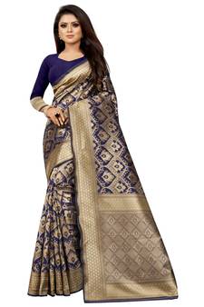 Blue Woven Banarasi Saree With Blouse