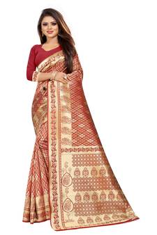 Red Woven Banarasi Saree With Blouse