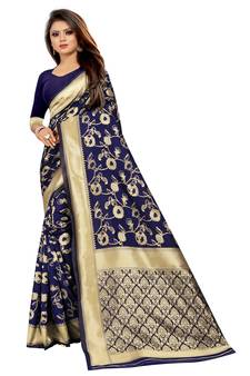 Blue Woven Banarasi Saree With Blouse