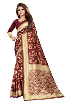 Maroon Woven Banarasi Saree With Blouse