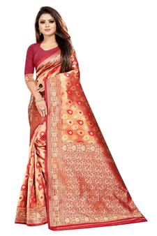 Red Woven Banarasi Saree With Blouse