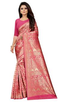 Pink Woven Banarasi Saree With Blouse