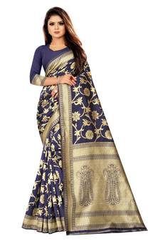 Blue Woven Banarasi Saree With Blouse