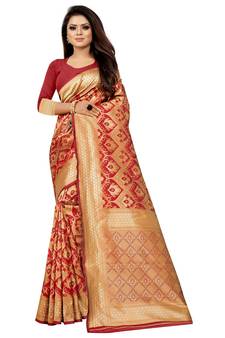 Red Woven Banarasi Saree With Blouse