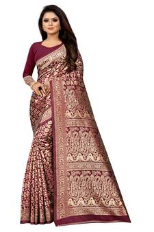 Maroon Woven Banarasi Saree With Blouse
