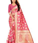 Pink Woven Banarasi Saree With Blouse