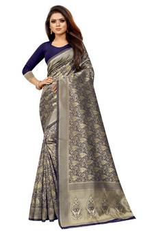 Blue Woven Banarasi Saree With Blouse