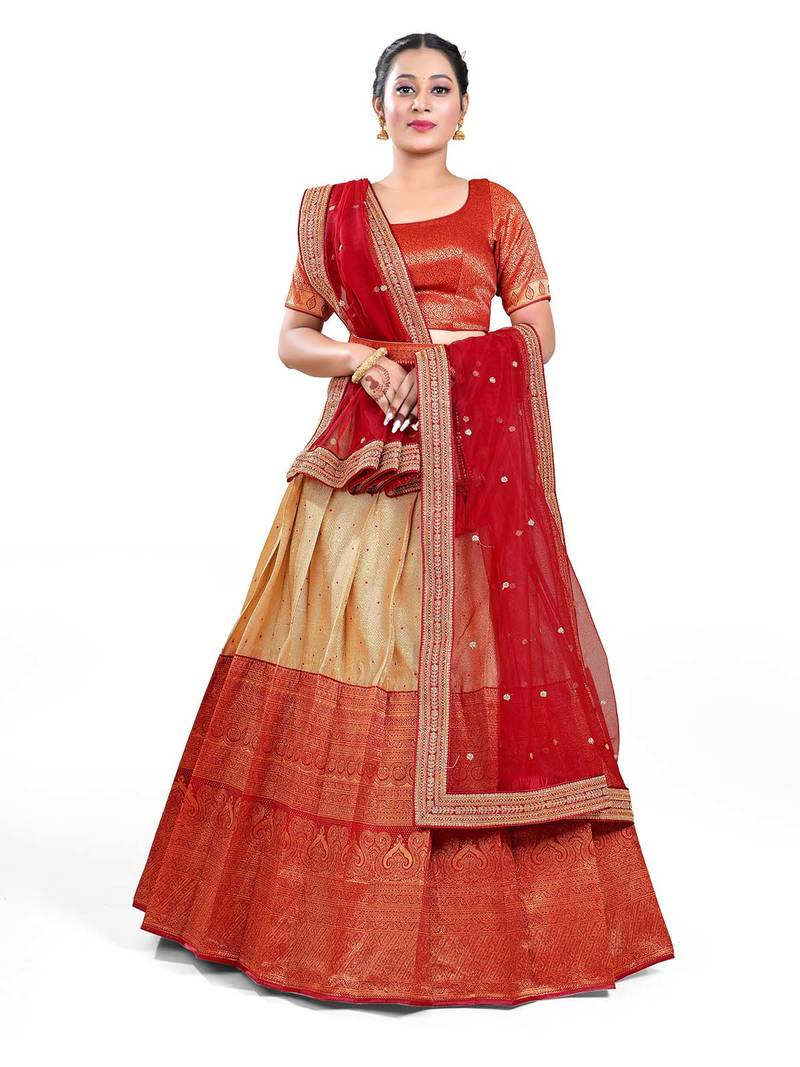 Chiku And Red Designer Banarasi Silk Lehenga Choli By HalfSaree Studio
