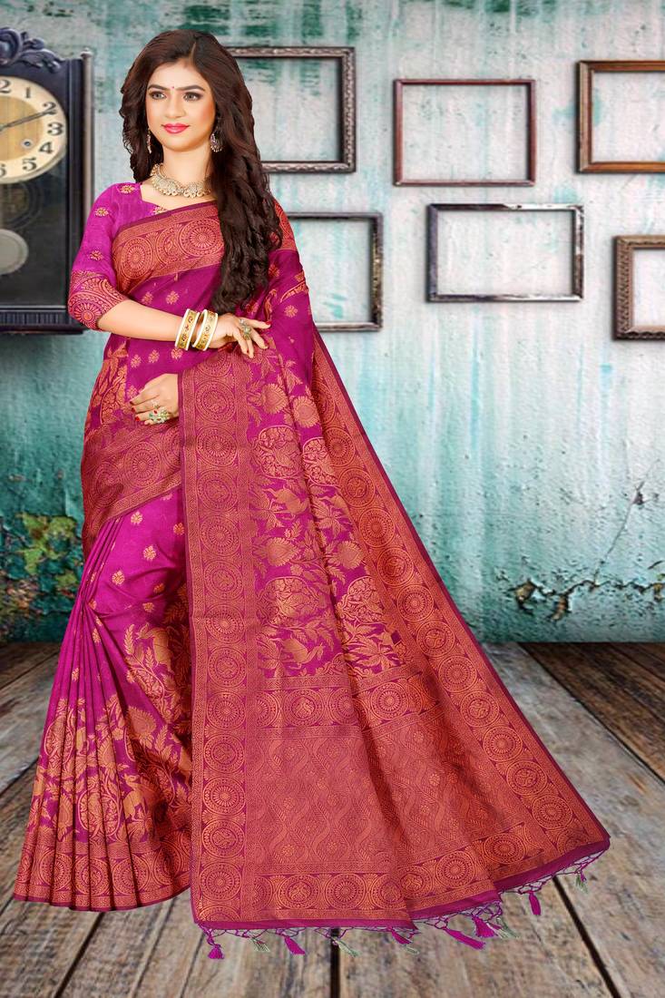 Magenta woven art silk saree with blouse