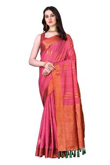 Pink Woven Katan Silk Blend Saree With Blouse