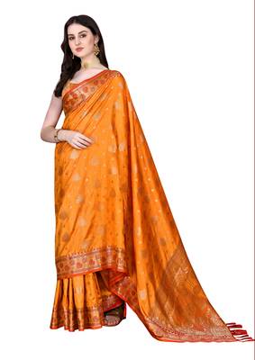 Orange Woven Katan Silk Blend Saree With Blouse 2