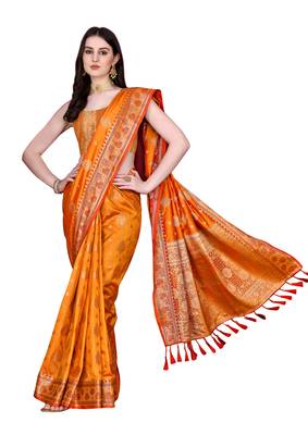 Orange Woven Katan Silk Blend Saree With Blouse 3