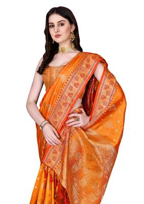 Orange Woven Katan Silk Blend Saree With Blouse 4