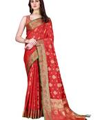 Red Woven Katan Silk Blend Saree With Blouse