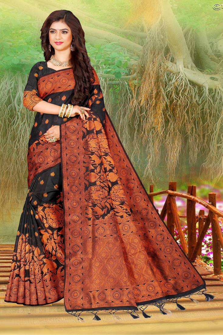 Black woven art silk saree with blouse