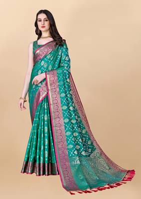 Turquoise Woven Katan Silk Blend Saree With Blouse 1